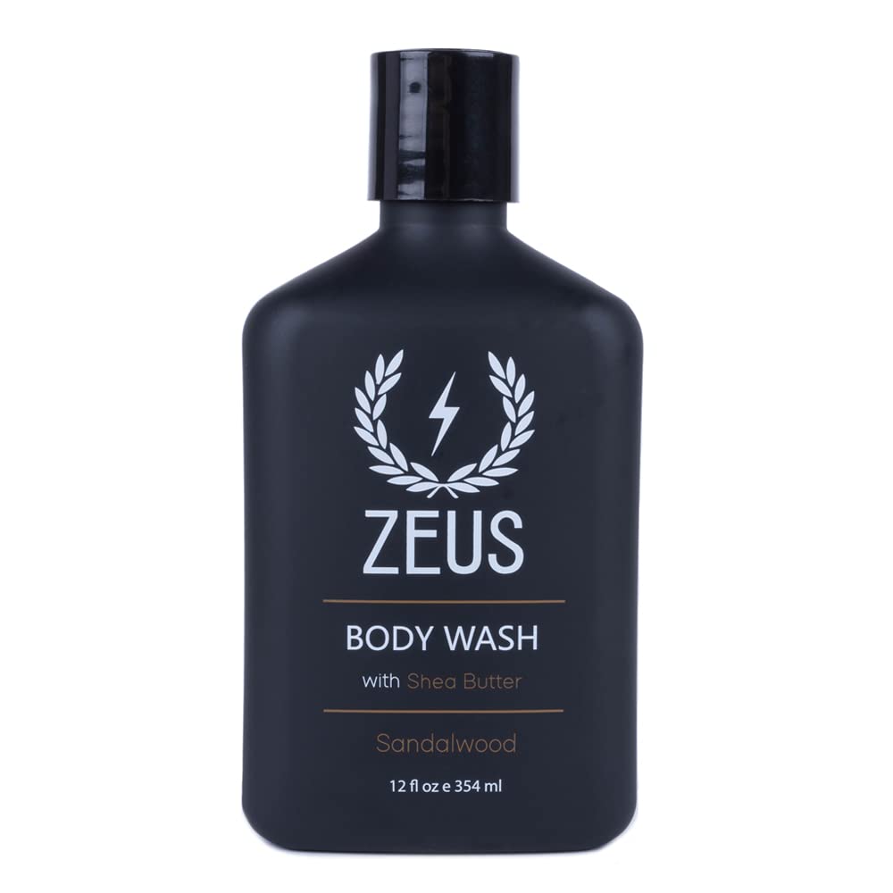 ZEUS Men's Natural Body Wash, Hydrating Shower Gel with Sandalwood Oil, Aloe Vera, Shea Butter & Invigorating Essential Oils for Skin Revitalization (Made in USA) 12 oz.