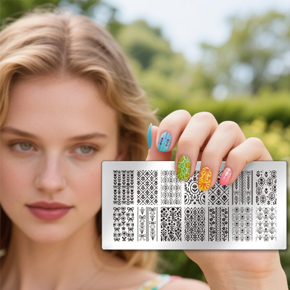 UNICRAFTALE 3Pcs Flowers Nail Plates Stamping Set Spring Bows Plants Stamp Nail Templates Reusable Stencils Stainless Steel DIY Nail Art Plates Nail Stamp Templates Kit DIY Printing Tools