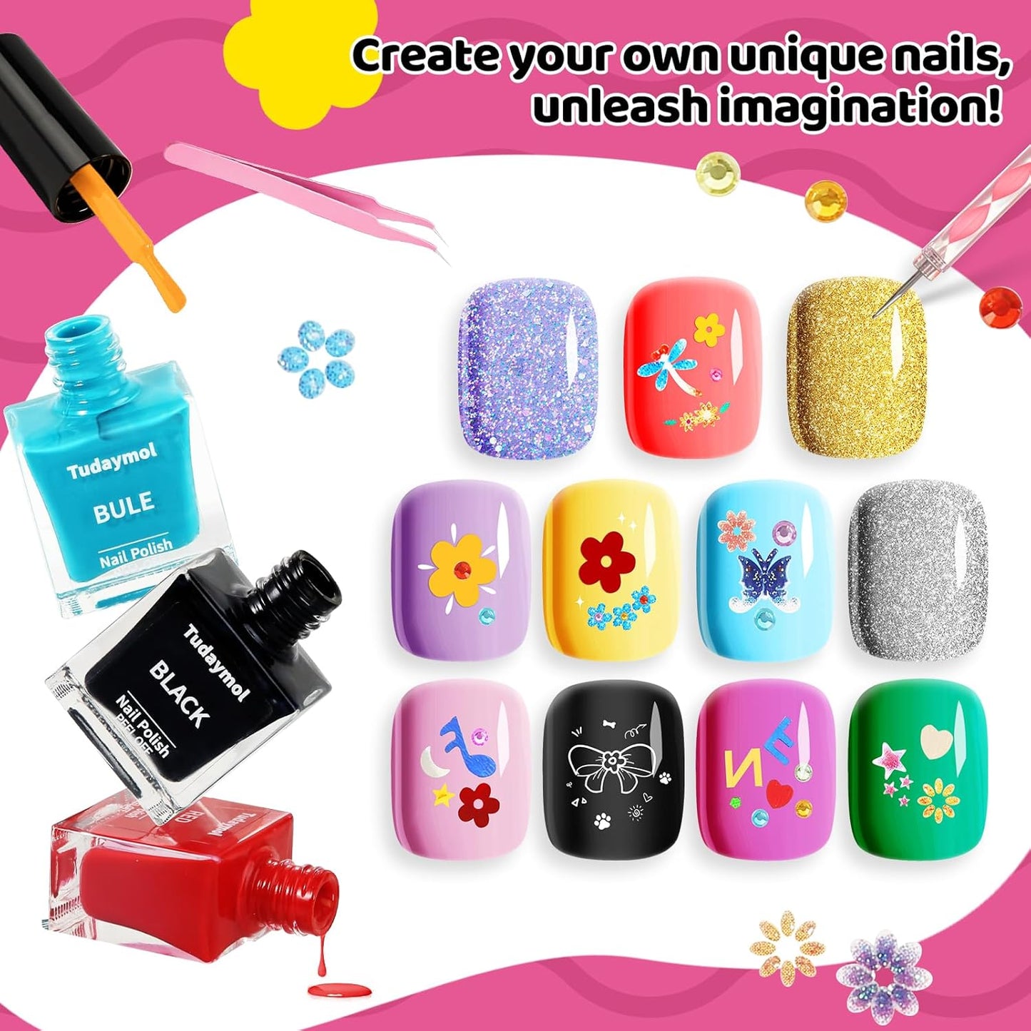 Tudaymol Nail Polish Set for Kids - Water-Based Peelable Polish-8 Colors with Glitter, Gems, Stickers, Pens, Tools, DIY Nail Art Kit, Non-Toxic Girl Toys Birthday Gift for Girls Ages 6 7 8 9 10 11 12