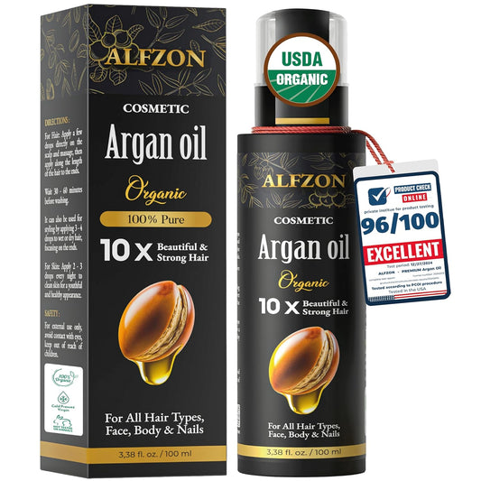 𝓐𝓛𝓕𝓩𝓞𝓝 Moroccan Argan Oil 100% Pure USDA Organic Hair Treatment, Cold Pressed For Dry, Damaged, Curly & Frizzy Hair, Skin, Face, Body & Beard Natural Anti Aging for Women & Men, Large 3.38 oz
